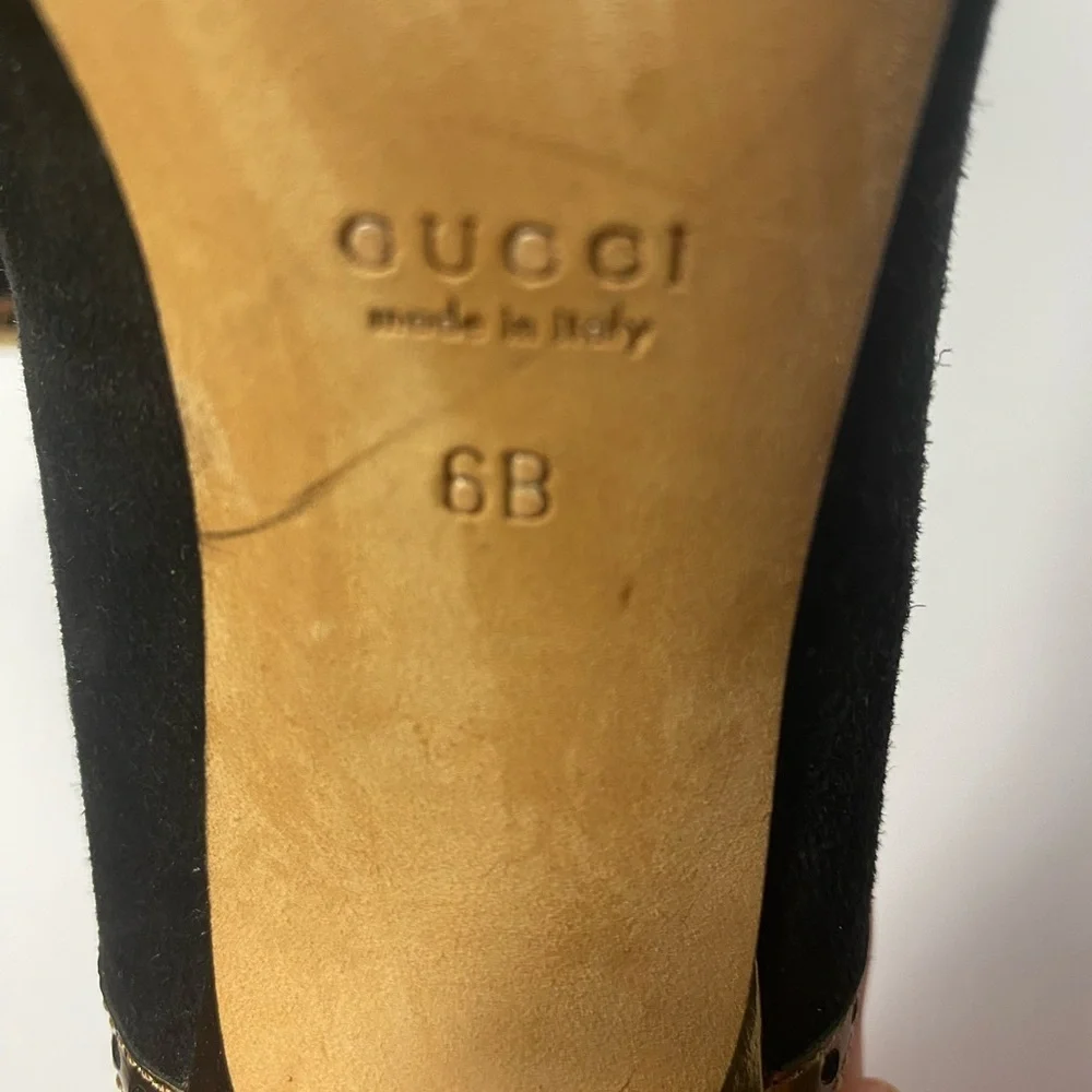 Gucci Black and Gold Heels with Peep Toe Design